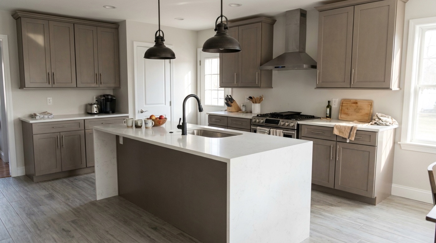 Grey shaker kitchen with quartz island in a Town of Islip home