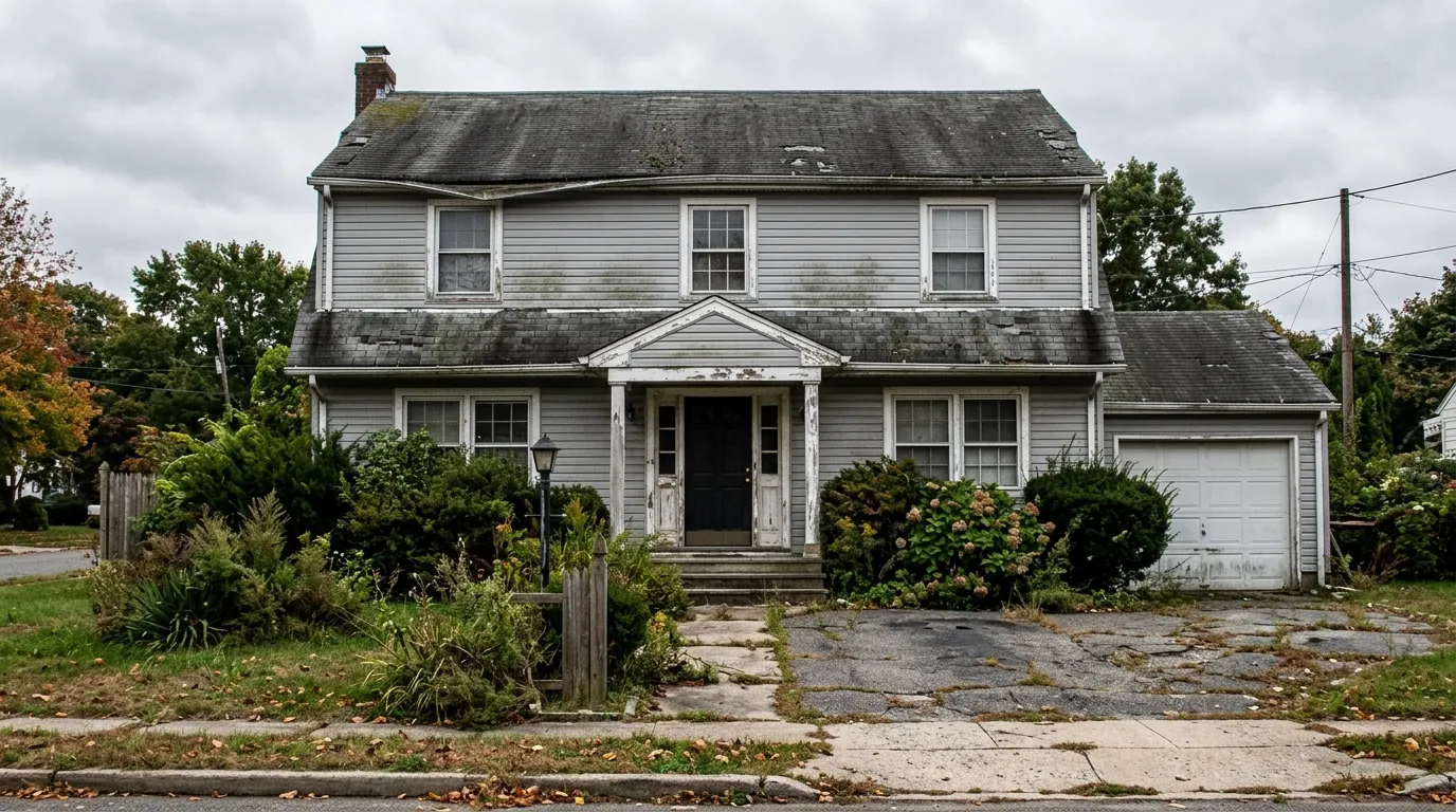 Long Island home before renovation — worn roof and siding
