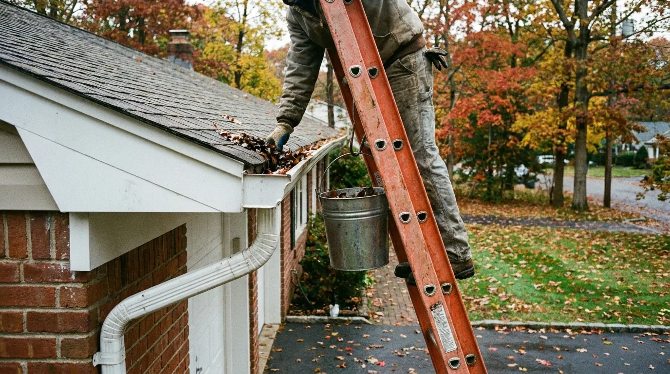 Clearing wet leaves from a gutter on a Long Island ranch house in autumn