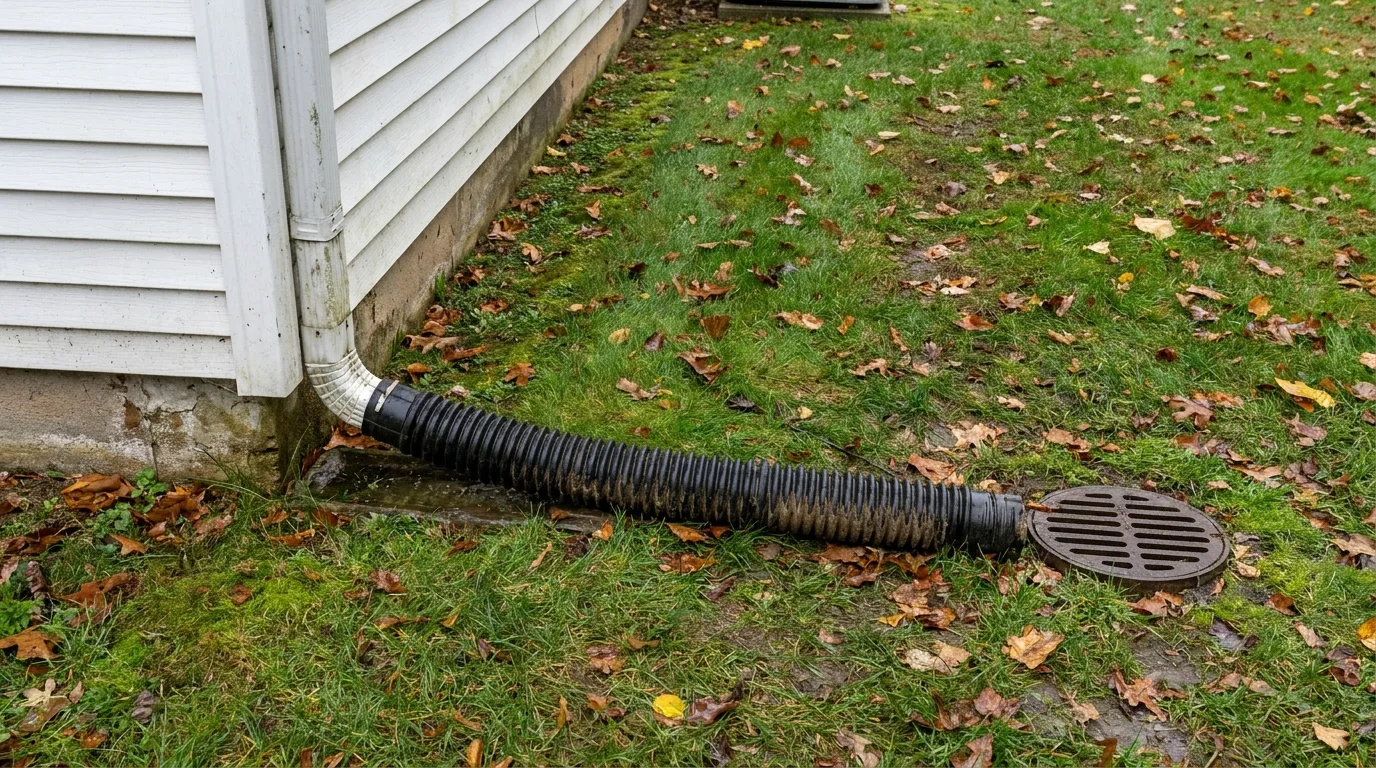 Downspout extension carrying roof water away from a Long Island foundation