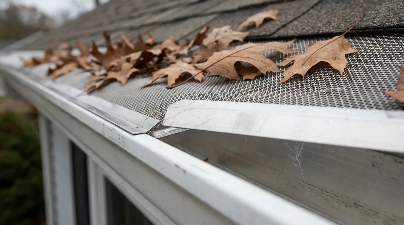 Micro-mesh stainless gutter guard keeping oak leaves out of a gutter
