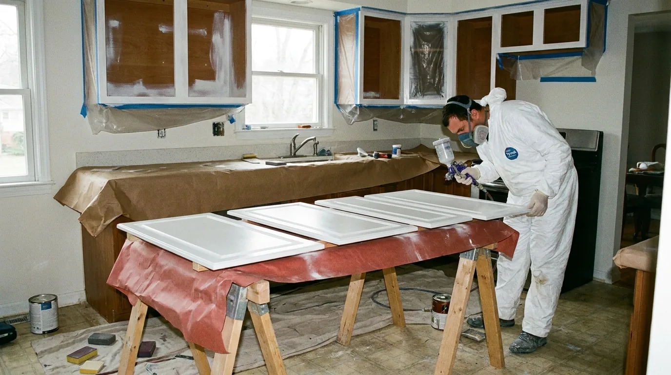 Kitchen cabinet doors sprayed white on sawhorses