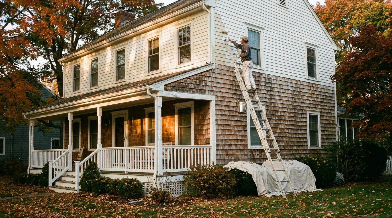 House painters working on an exterior in Commack, New York