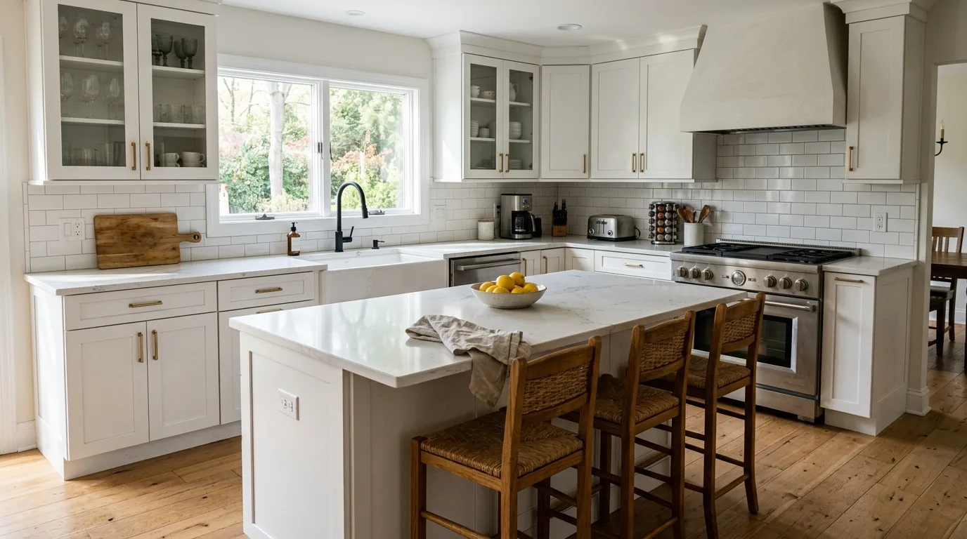 Kitchen remodeling Long Island — white shaker kitchen with quartz island