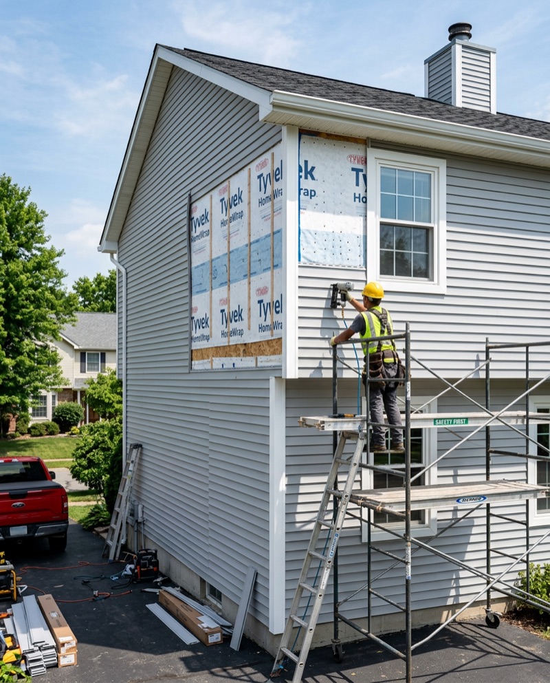 Vinyl siding installation on suburban home