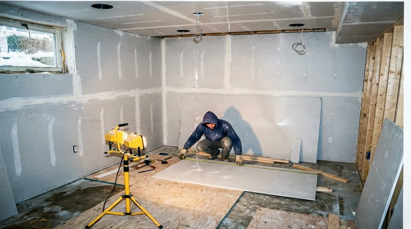 Basement being framed and drywalled during a Long Island winter project