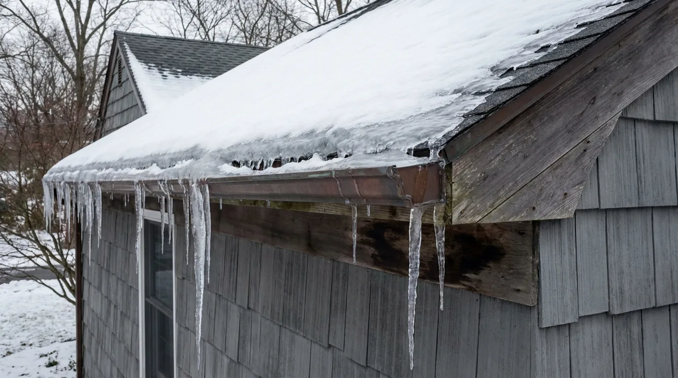 Ice dam and icicles built up along the gutter line of a Long Island house