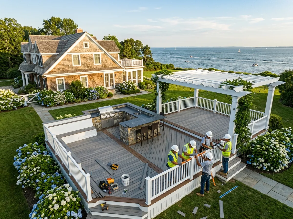 Custom Trex deck with pergola and outdoor kitchen — Hamptons waterfront