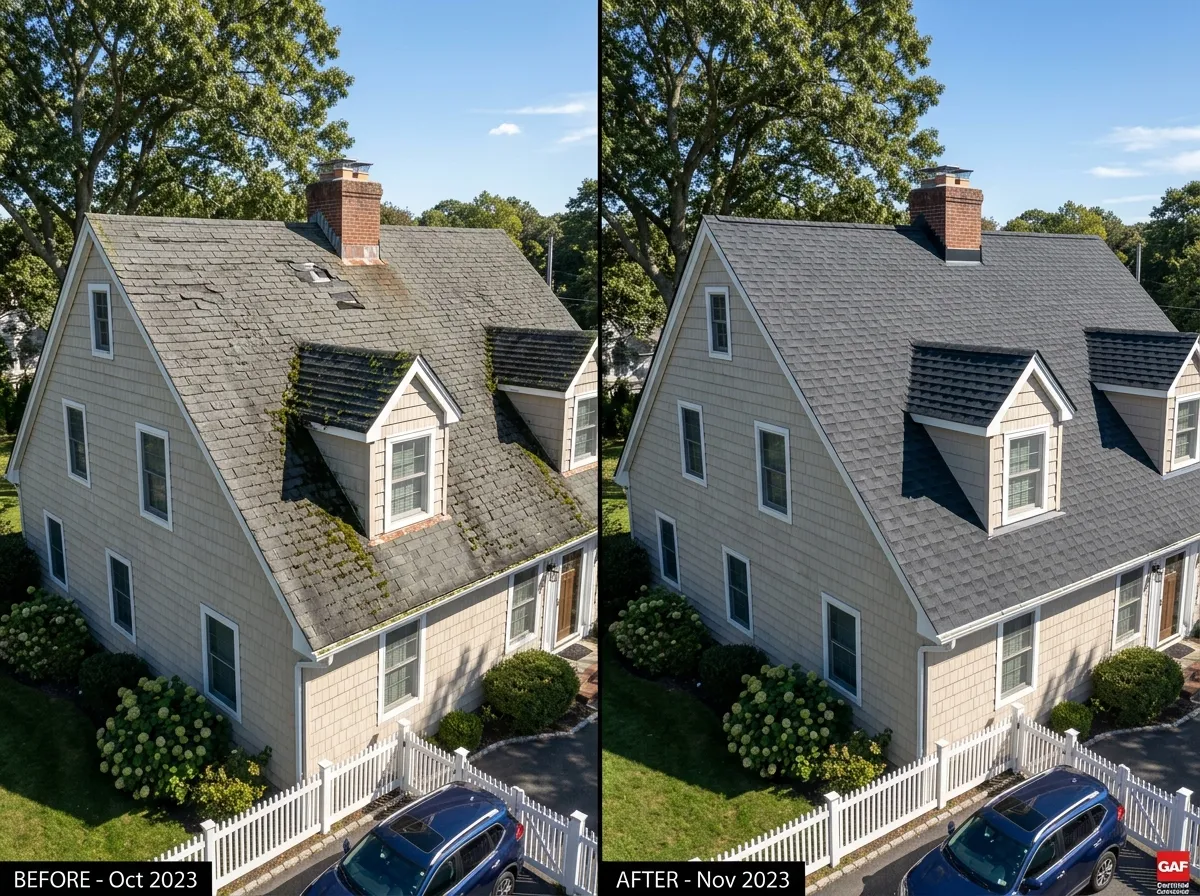 Full roof replacement before and after — Suffolk County