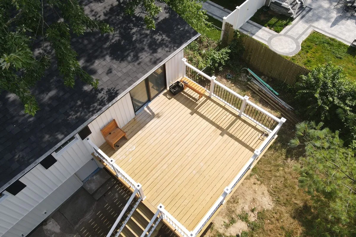 Wide aerial of a completed deck rebuild on Long Island by Alec's Construction